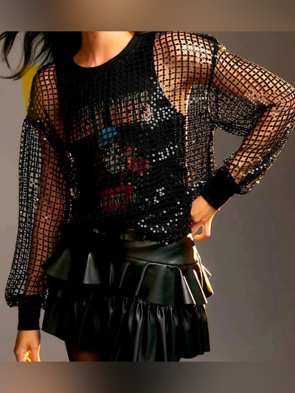 Pilcro Anthropology Guns N Roses Black Net Sequin Skull Graphic Top NWT Sz S